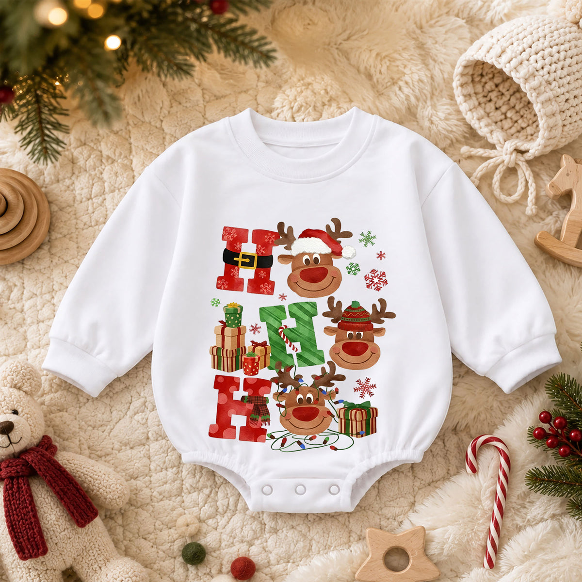 Ho Ho Ho Christmas Baby Outfit, Cute Reindeer Holiday Romper, Baby First Christmas Romper, Toddler Xmas Outfit, Christmas Baby Gift — product view 3