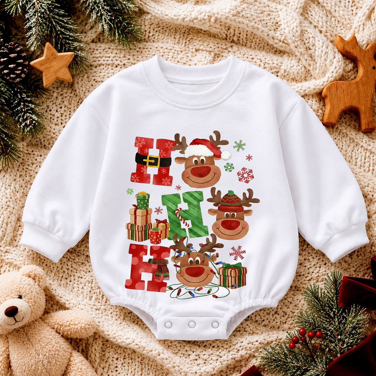 Ho Ho Ho Christmas Baby Outfit, Cute Reindeer Holiday Romper, Baby First Christmas Romper, Toddler Xmas Outfit, Christmas Baby Gift — product view 4