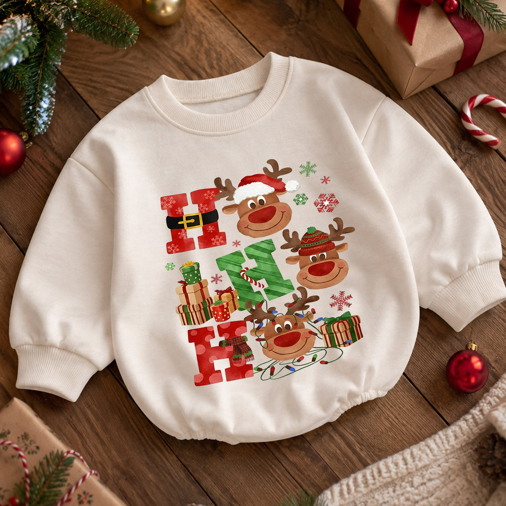 Ho Ho Ho Christmas Baby Outfit, Cute Reindeer Holiday Romper, Baby First Christmas Romper, Toddler Xmas Outfit, Christmas Baby Gift — product view 5