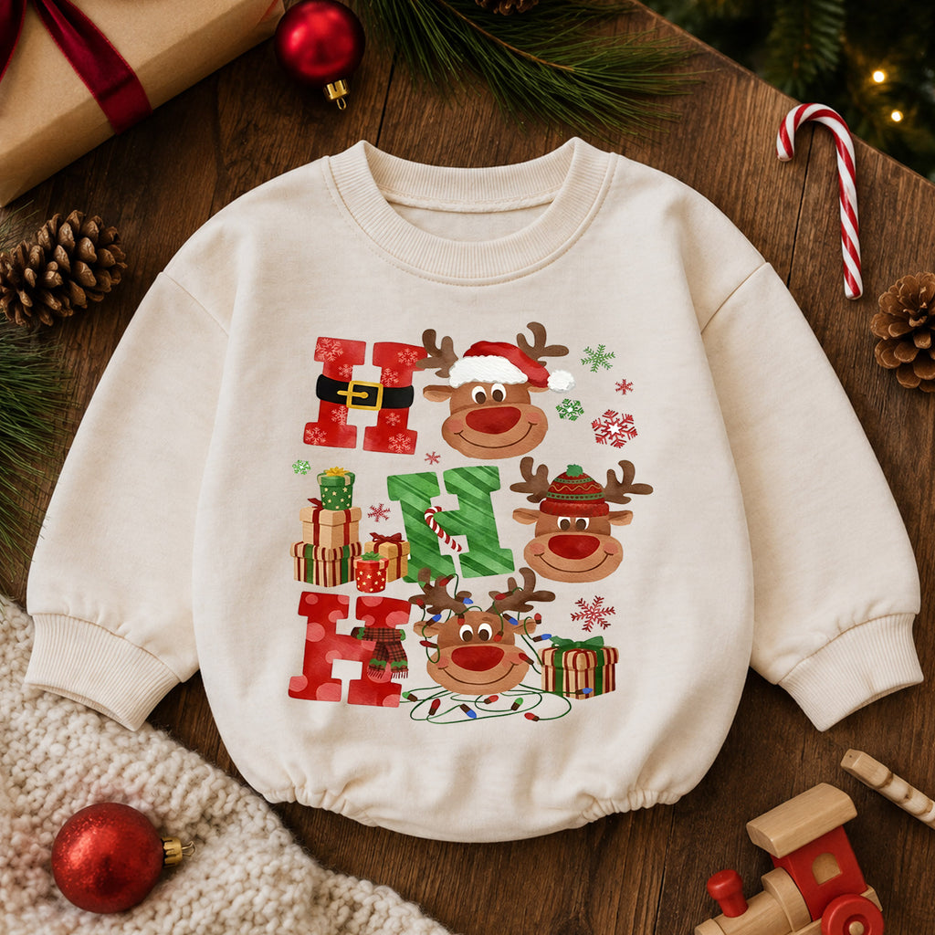 Ho Ho Ho Christmas Baby Outfit, Cute Reindeer Holiday Romper, Baby First Christmas Romper, Toddler Xmas Outfit, Christmas Baby Gift — product view 6