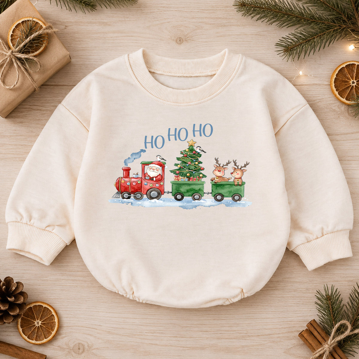 Santa Christmas Train Baby Outfit, Ho Ho Ho Baby Christmas Romper, Baby First Christmas Outfit, Toddler Holiday Romper, Xmas Baby Gift — product view 1