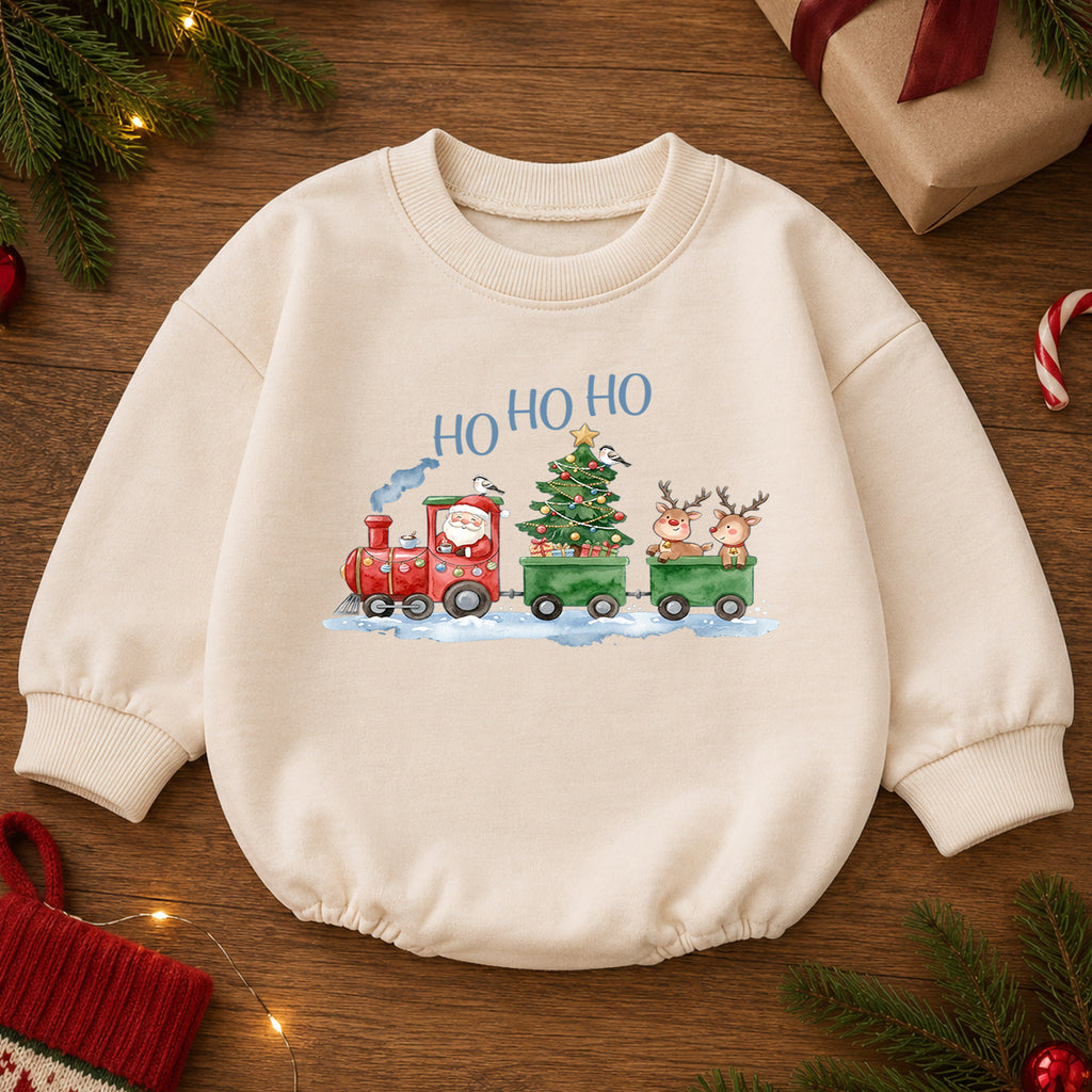 Santa Christmas Train Baby Outfit, Ho Ho Ho Baby Christmas Romper, Baby First Christmas Outfit, Toddler Holiday Romper, Xmas Baby Gift — product view 2
