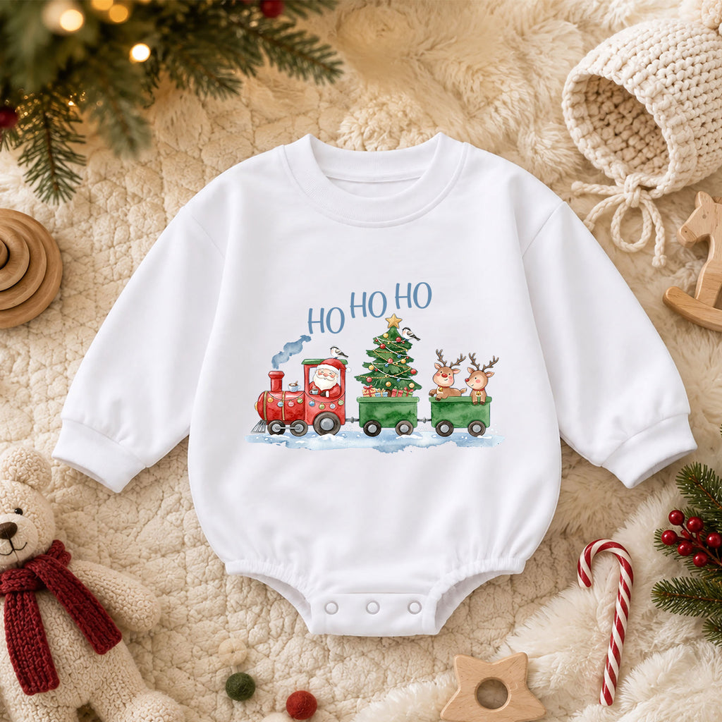 Santa Christmas Train Baby Outfit, Ho Ho Ho Baby Christmas Romper, Baby First Christmas Outfit, Toddler Holiday Romper, Xmas Baby Gift — product view 3