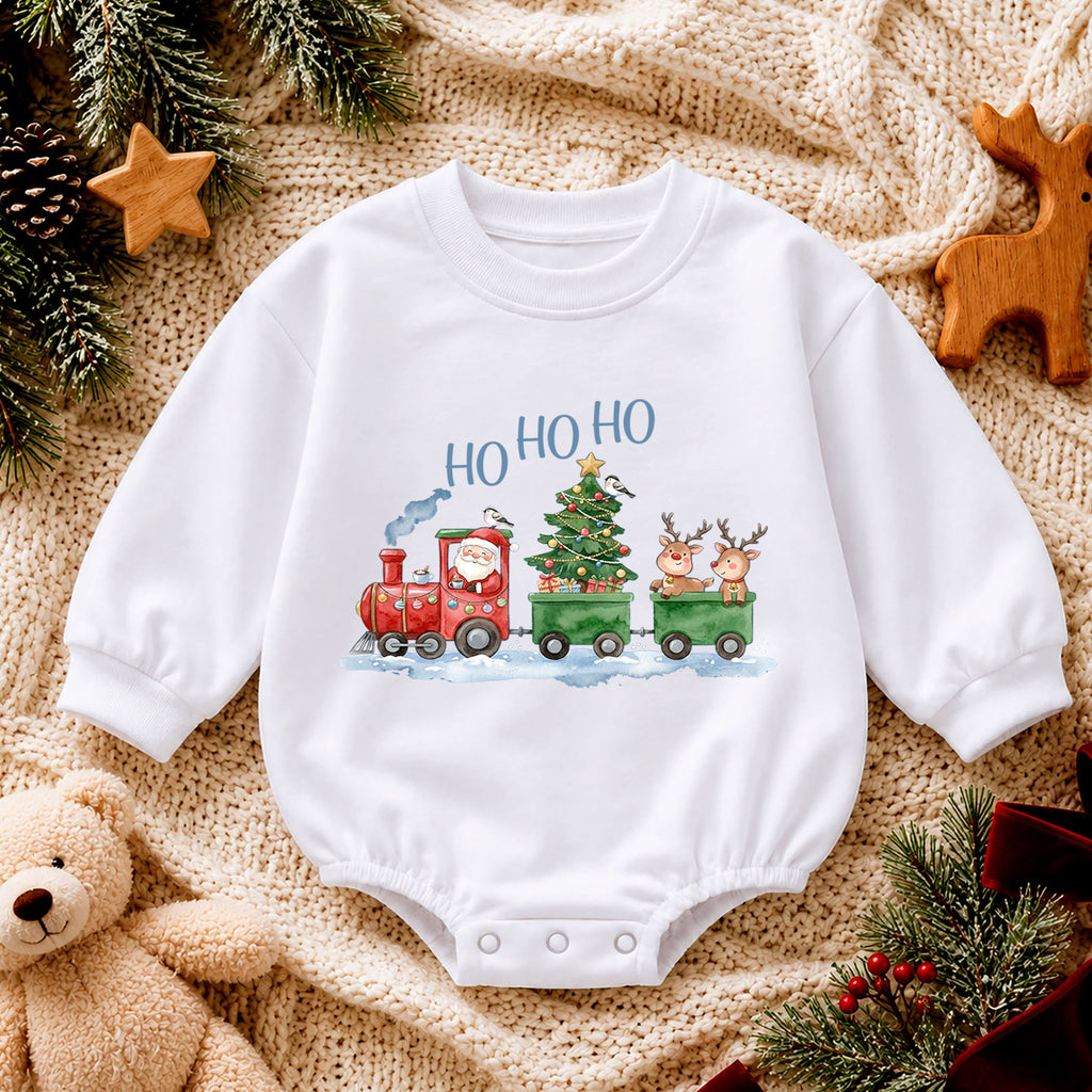 Santa Christmas Train Baby Outfit, Ho Ho Ho Baby Christmas Romper, Baby First Christmas Outfit, Toddler Holiday Romper, Xmas Baby Gift — product view 4
