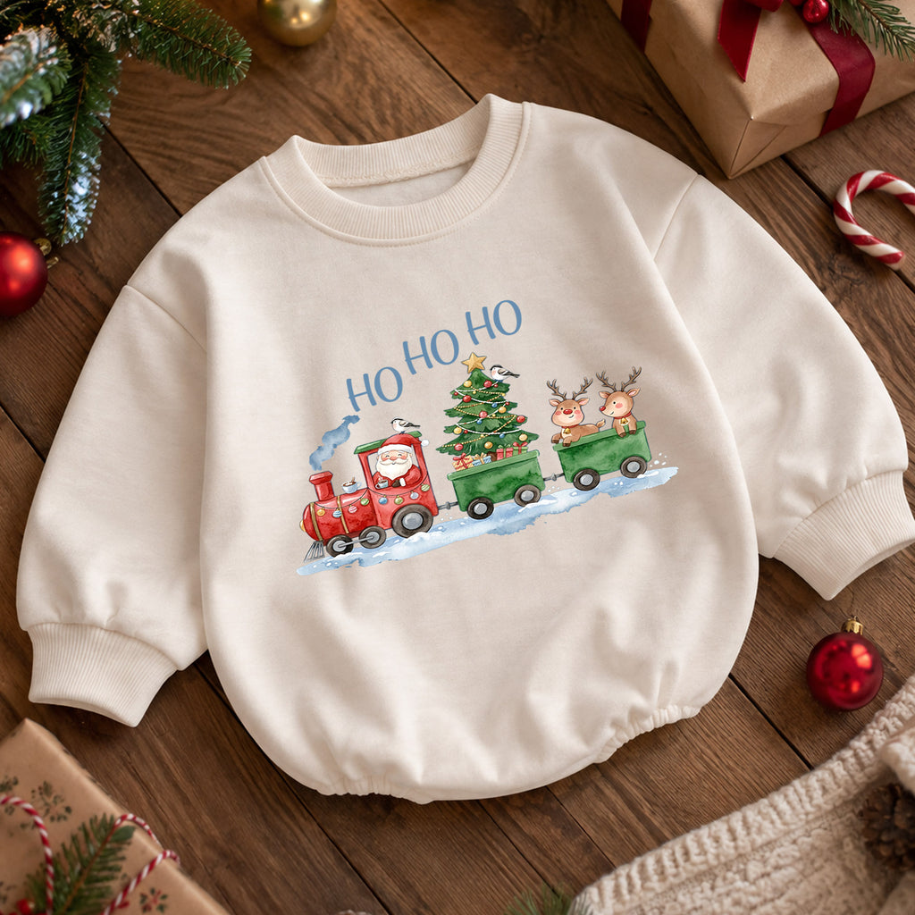 Santa Christmas Train Baby Outfit, Ho Ho Ho Baby Christmas Romper, Baby First Christmas Outfit, Toddler Holiday Romper, Xmas Baby Gift — product view 5