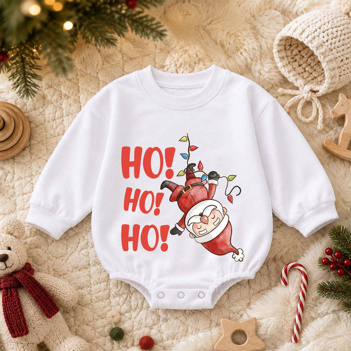 Funny Santa Ho Ho Ho Baby Outfit, Christmas Lights Santa Romper, Baby First Christmas Romper, Toddler Holiday Outfit, Xmas Baby Gift — product view 3