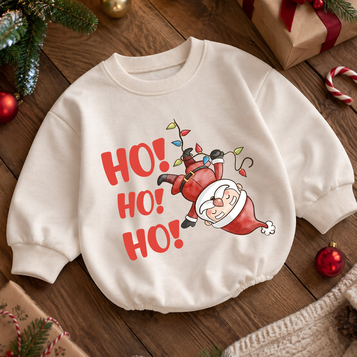 Funny Santa Ho Ho Ho Baby Outfit, Christmas Lights Santa Romper, Baby First Christmas Romper, Toddler Holiday Outfit, Xmas Baby Gift — product view 5