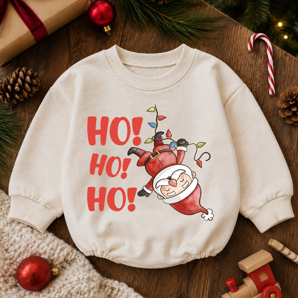 Funny Santa Ho Ho Ho Baby Outfit, Christmas Lights Santa Romper, Baby First Christmas Romper, Toddler Holiday Outfit, Xmas Baby Gift — product view 6