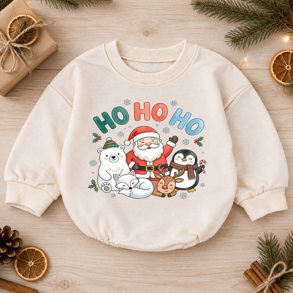 Ho Ho Ho Christmas Baby Outfit, Santa Reindeer Penguin Holiday Romper, Baby First Christmas Romper, Toddler Xmas Outfit, Baby Gift — product view 1