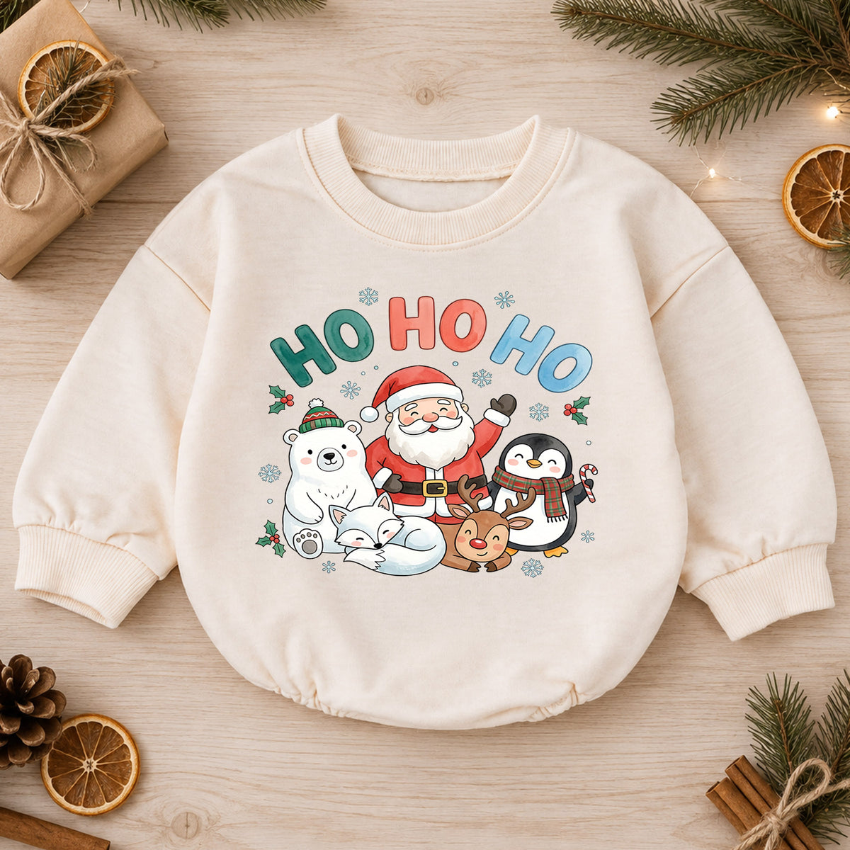Ho Ho Ho Christmas Baby Outfit, Santa Reindeer Penguin Holiday Romper, Baby First Christmas Romper, Toddler Xmas Outfit, Baby Gift — product view 1