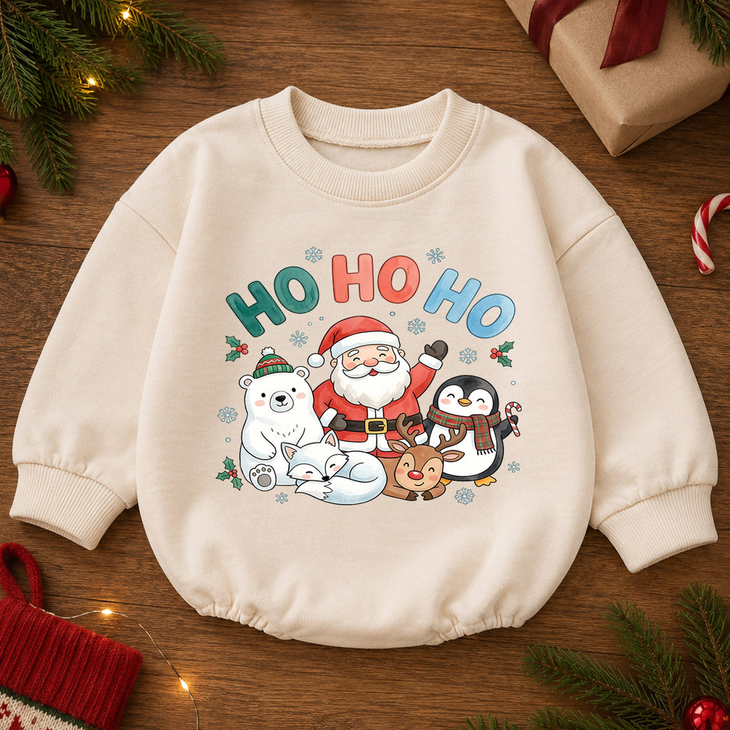 Ho Ho Ho Christmas Baby Outfit, Santa Reindeer Penguin Holiday Romper, Baby First Christmas Romper, Toddler Xmas Outfit, Baby Gift — product view 2