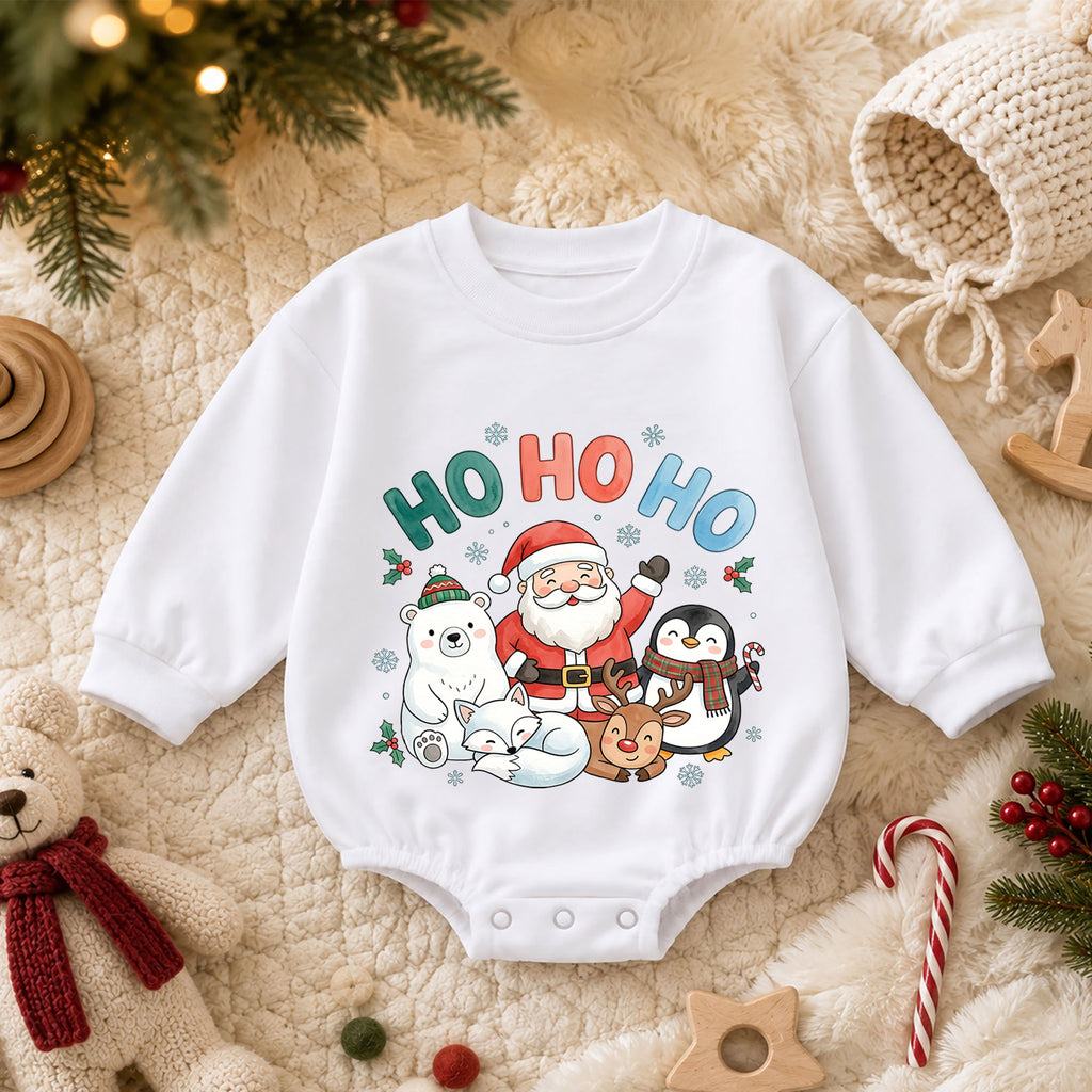 Ho Ho Ho Christmas Baby Outfit, Santa Reindeer Penguin Holiday Romper, Baby First Christmas Romper, Toddler Xmas Outfit, Baby Gift — product view 3