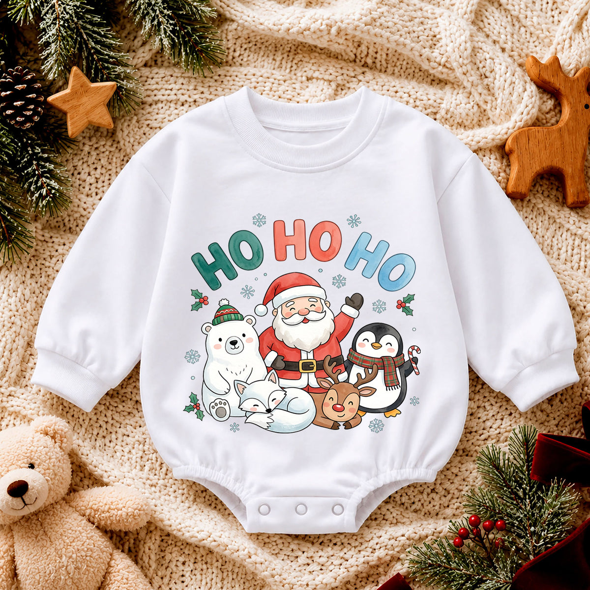 Ho Ho Ho Christmas Baby Outfit, Santa Reindeer Penguin Holiday Romper, Baby First Christmas Romper, Toddler Xmas Outfit, Baby Gift — product view 4