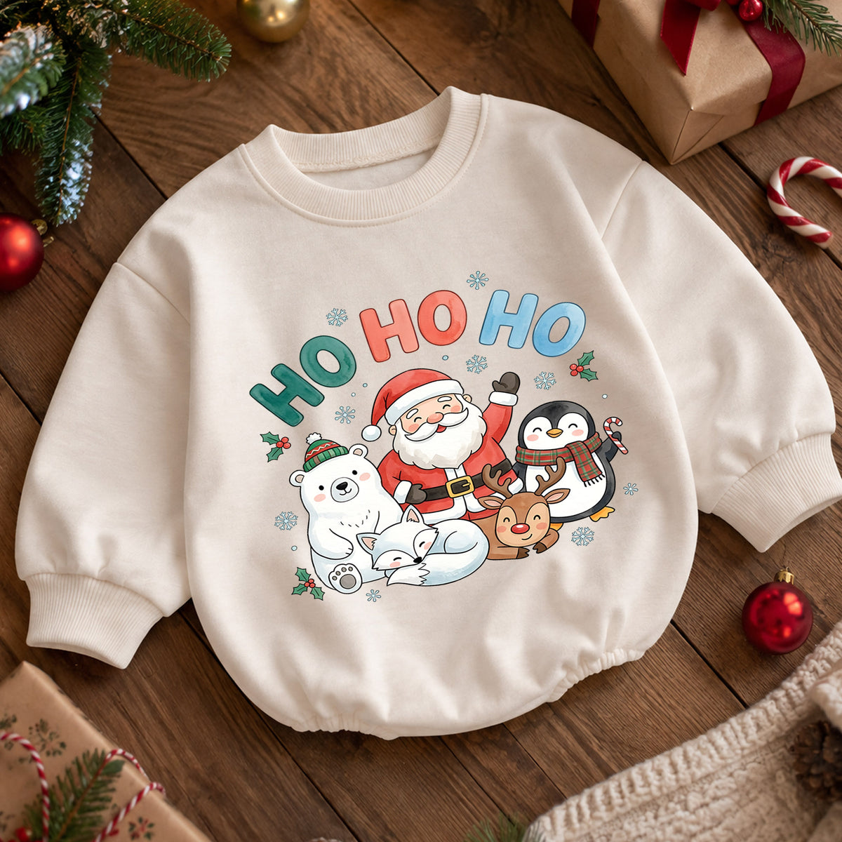 Ho Ho Ho Christmas Baby Outfit, Santa Reindeer Penguin Holiday Romper, Baby First Christmas Romper, Toddler Xmas Outfit, Baby Gift — product view 5
