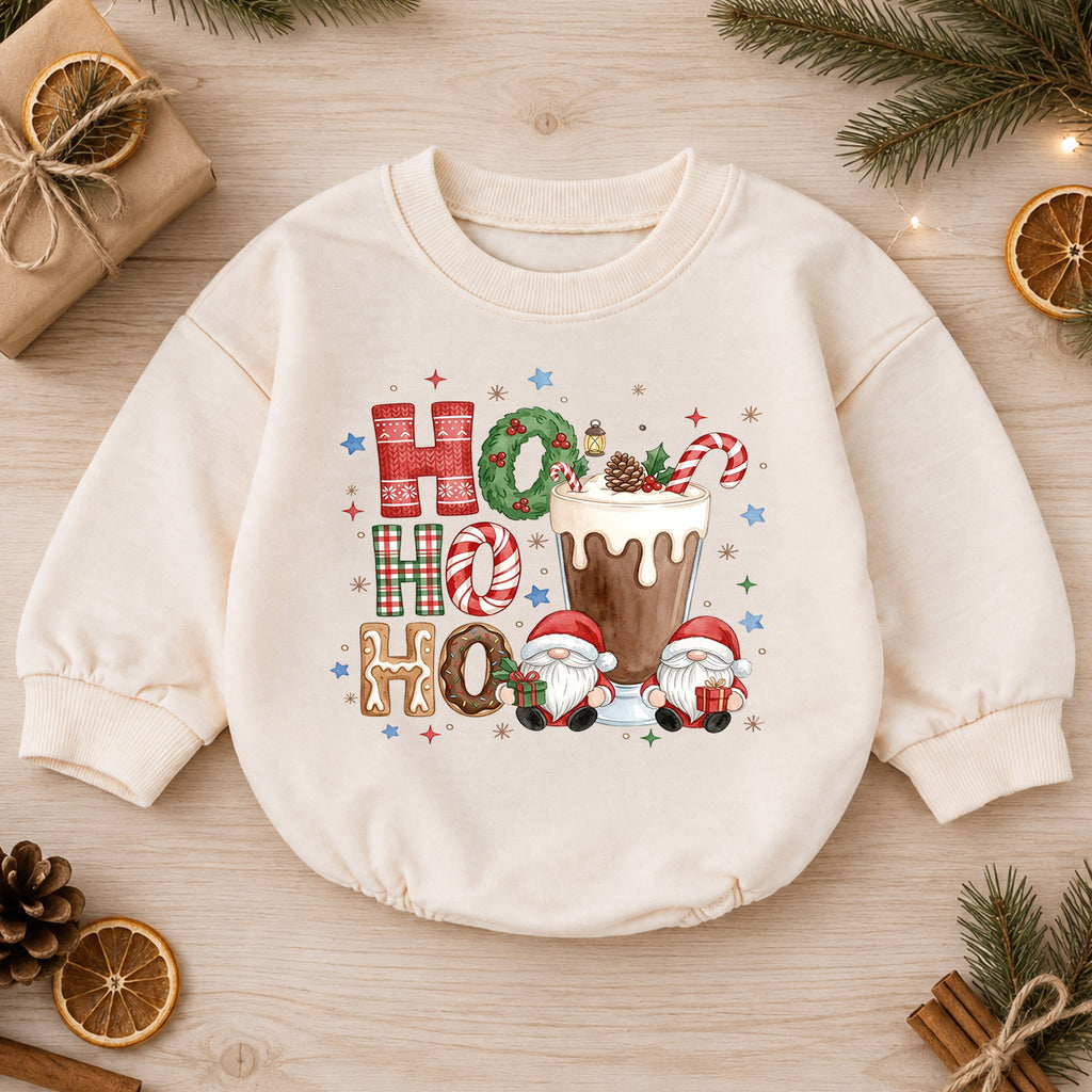 Ho Ho Ho Hot Cocoa Baby Outfit, Christmas Gnome Holiday Romper, Baby First Christmas Romper, Toddler Xmas Outfit, Christmas Baby Gift — product view 1
