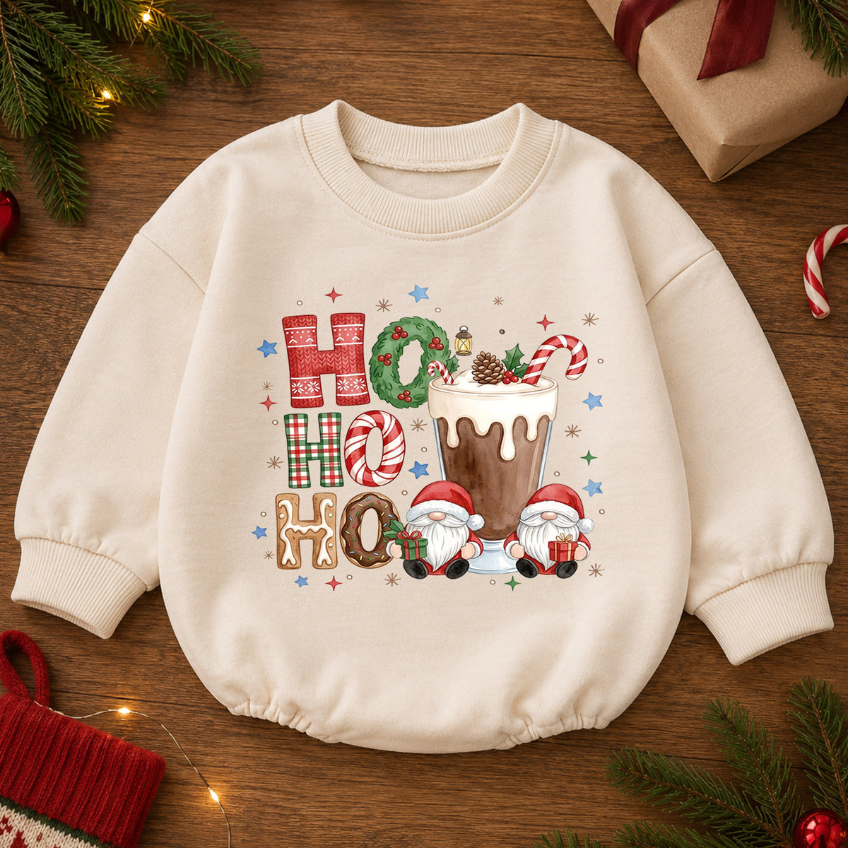 Ho Ho Ho Hot Cocoa Baby Outfit, Christmas Gnome Holiday Romper, Baby First Christmas Romper, Toddler Xmas Outfit, Christmas Baby Gift — product view 2