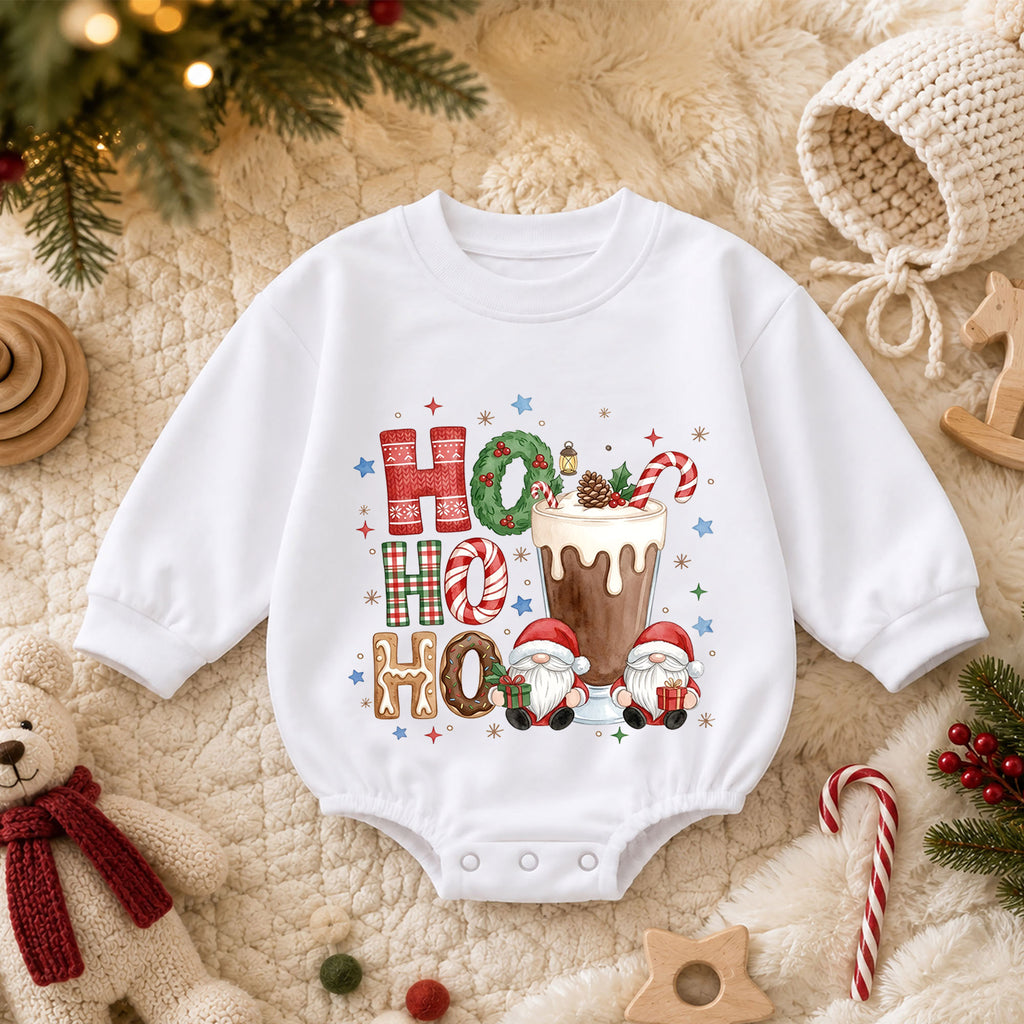 Ho Ho Ho Hot Cocoa Baby Outfit, Christmas Gnome Holiday Romper, Baby First Christmas Romper, Toddler Xmas Outfit, Christmas Baby Gift — product view 3