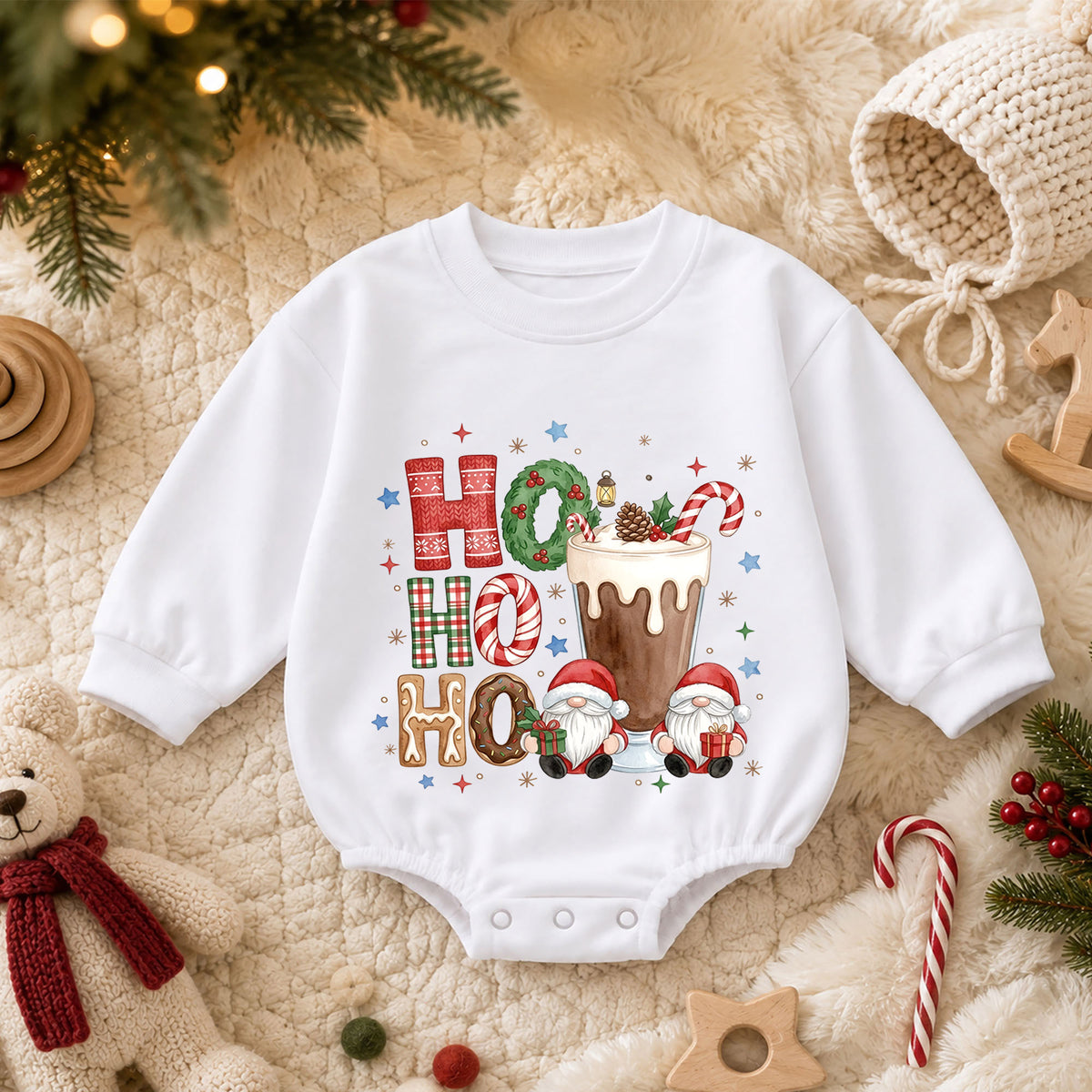 Ho Ho Ho Hot Cocoa Baby Outfit, Christmas Gnome Holiday Romper, Baby First Christmas Romper, Toddler Xmas Outfit, Christmas Baby Gift — product view 3