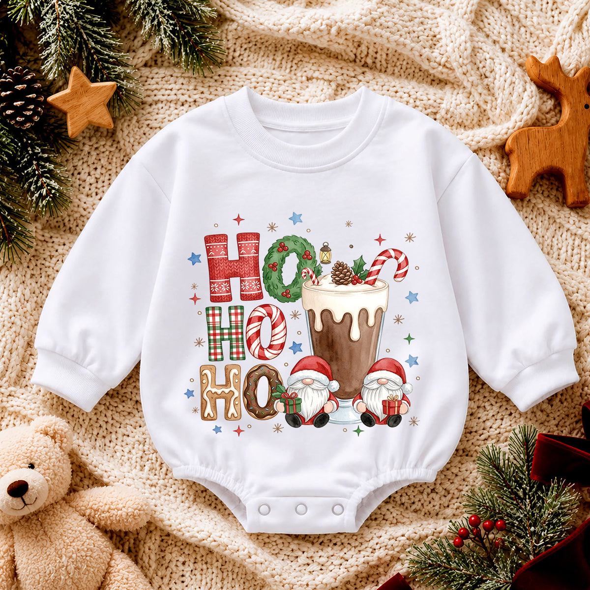 Ho Ho Ho Hot Cocoa Baby Outfit, Christmas Gnome Holiday Romper, Baby First Christmas Romper, Toddler Xmas Outfit, Christmas Baby Gift — product view 4