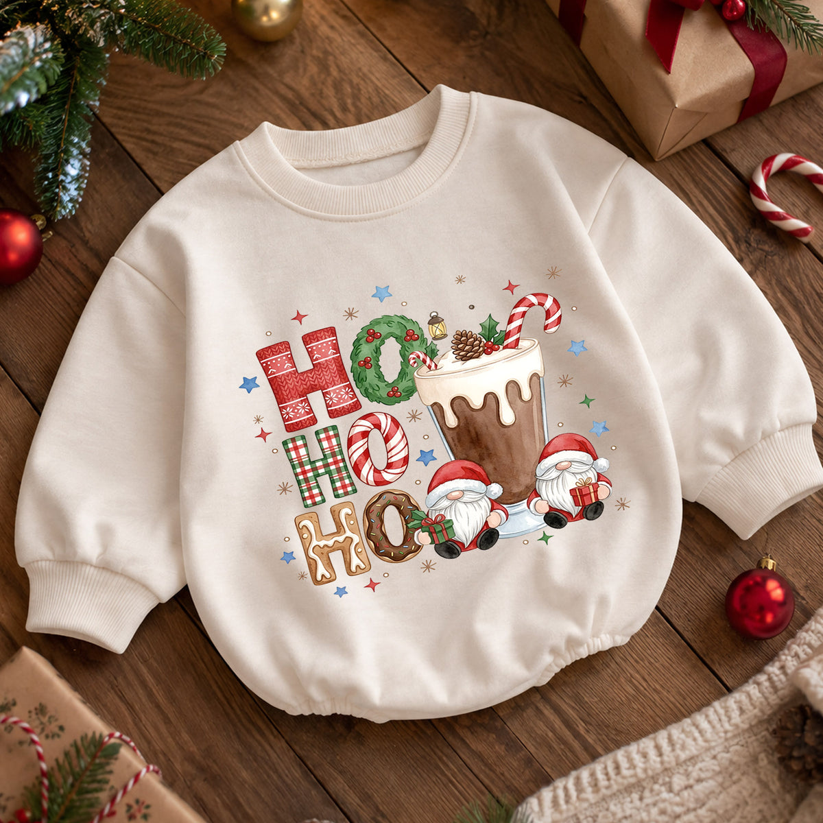 Ho Ho Ho Hot Cocoa Baby Outfit, Christmas Gnome Holiday Romper, Baby First Christmas Romper, Toddler Xmas Outfit, Christmas Baby Gift — product view 5