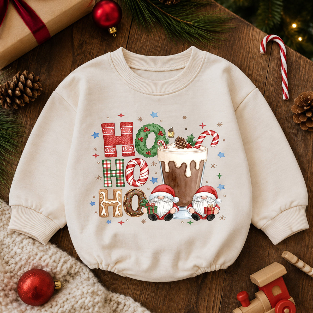 Ho Ho Ho Hot Cocoa Baby Outfit, Christmas Gnome Holiday Romper, Baby First Christmas Romper, Toddler Xmas Outfit, Christmas Baby Gift — product view 6