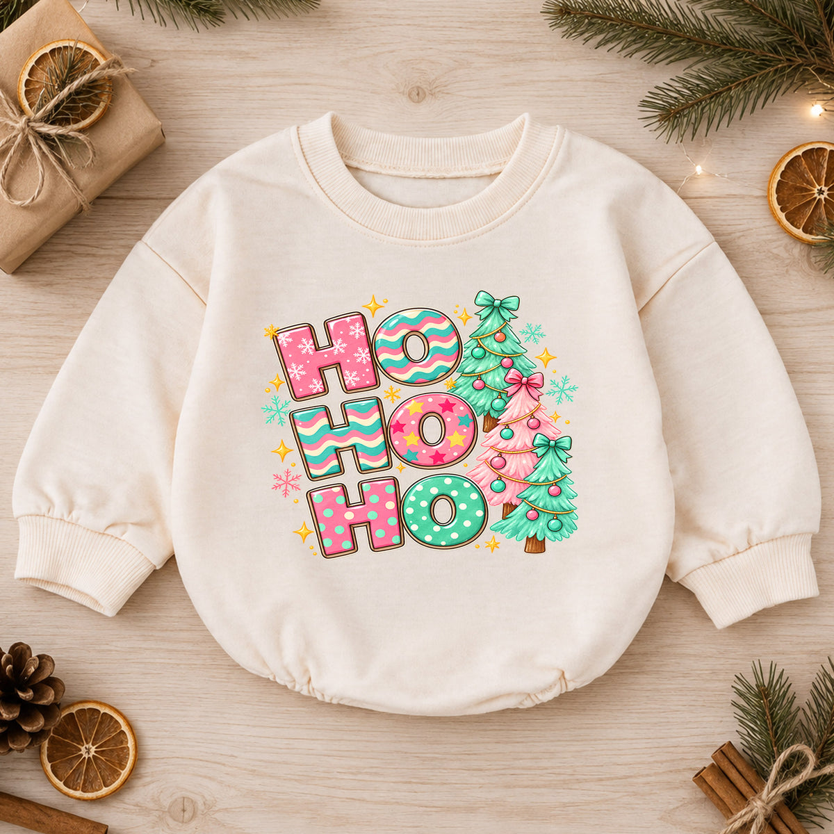Pastel Ho Ho Ho Baby Christmas Outfit, Pink Christmas Tree Romper, Baby First Christmas Romper, Toddler Girl Holiday Outfit, Xmas Gift — product view 1