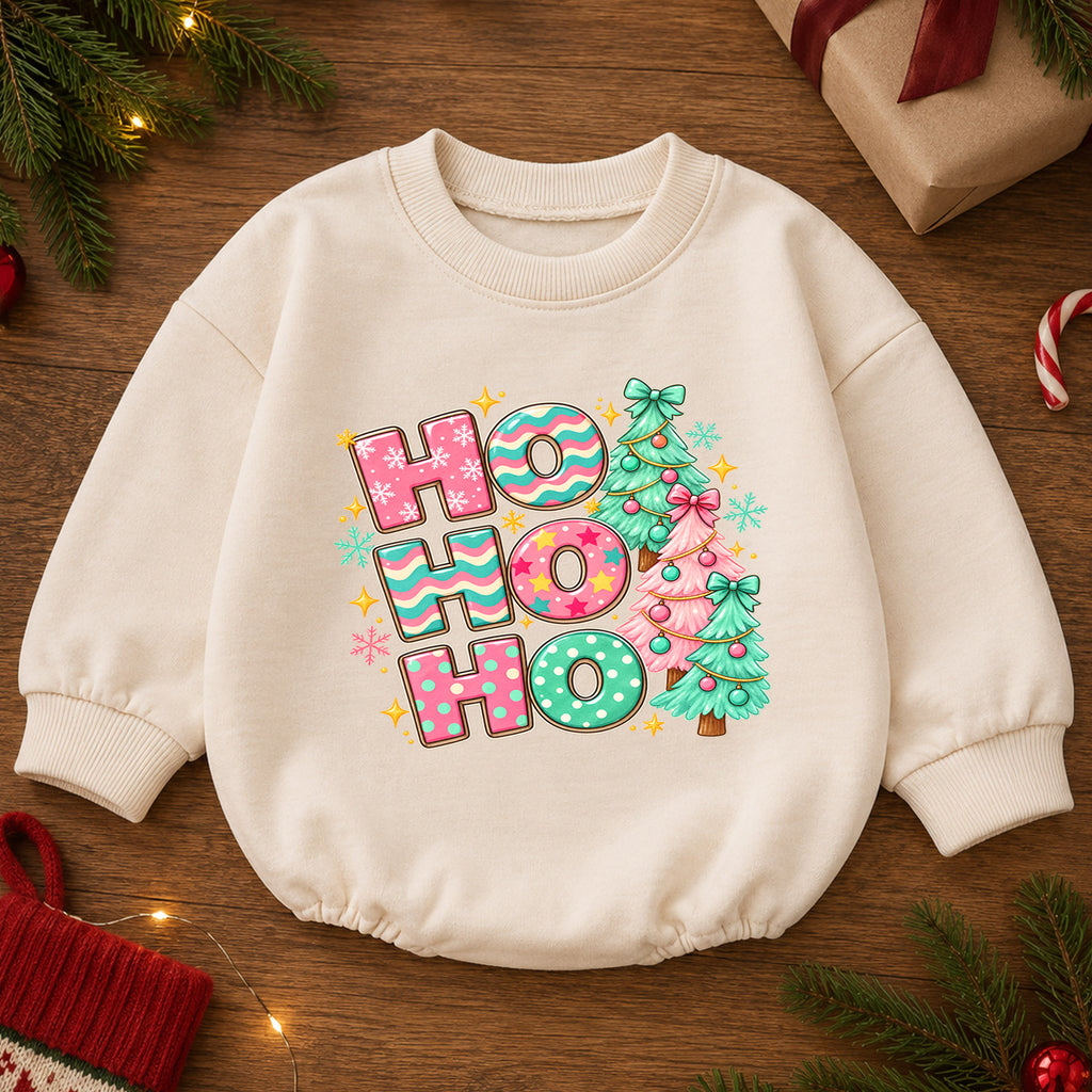 Pastel Ho Ho Ho Baby Christmas Outfit, Pink Christmas Tree Romper, Baby First Christmas Romper, Toddler Girl Holiday Outfit, Xmas Gift — product view 2