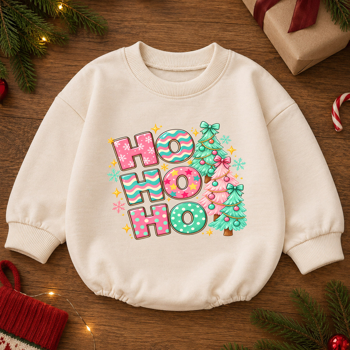 Pastel Ho Ho Ho Baby Christmas Outfit, Pink Christmas Tree Romper, Baby First Christmas Romper, Toddler Girl Holiday Outfit, Xmas Gift — product view 2