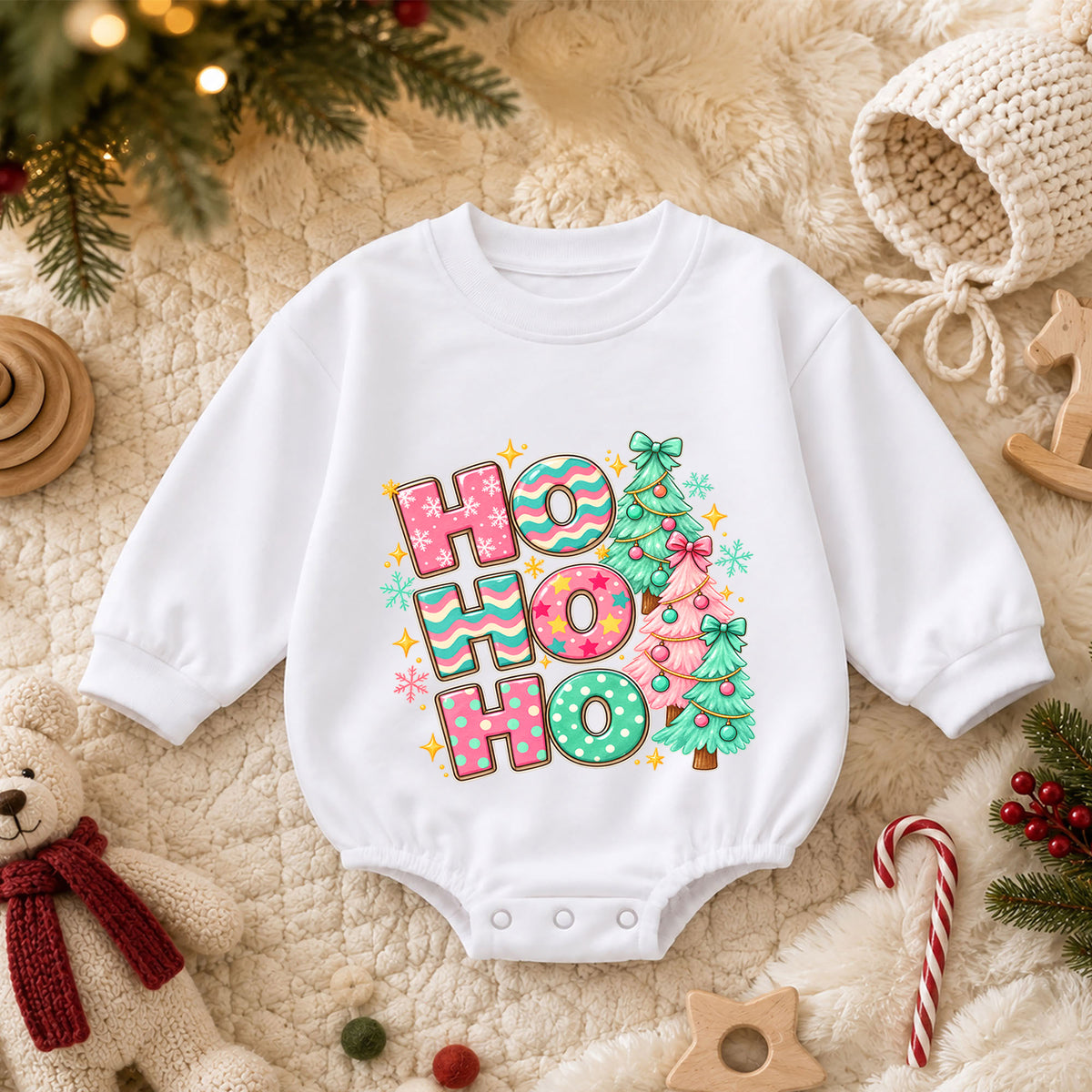 Pastel Ho Ho Ho Baby Christmas Outfit, Pink Christmas Tree Romper, Baby First Christmas Romper, Toddler Girl Holiday Outfit, Xmas Gift — product view 3