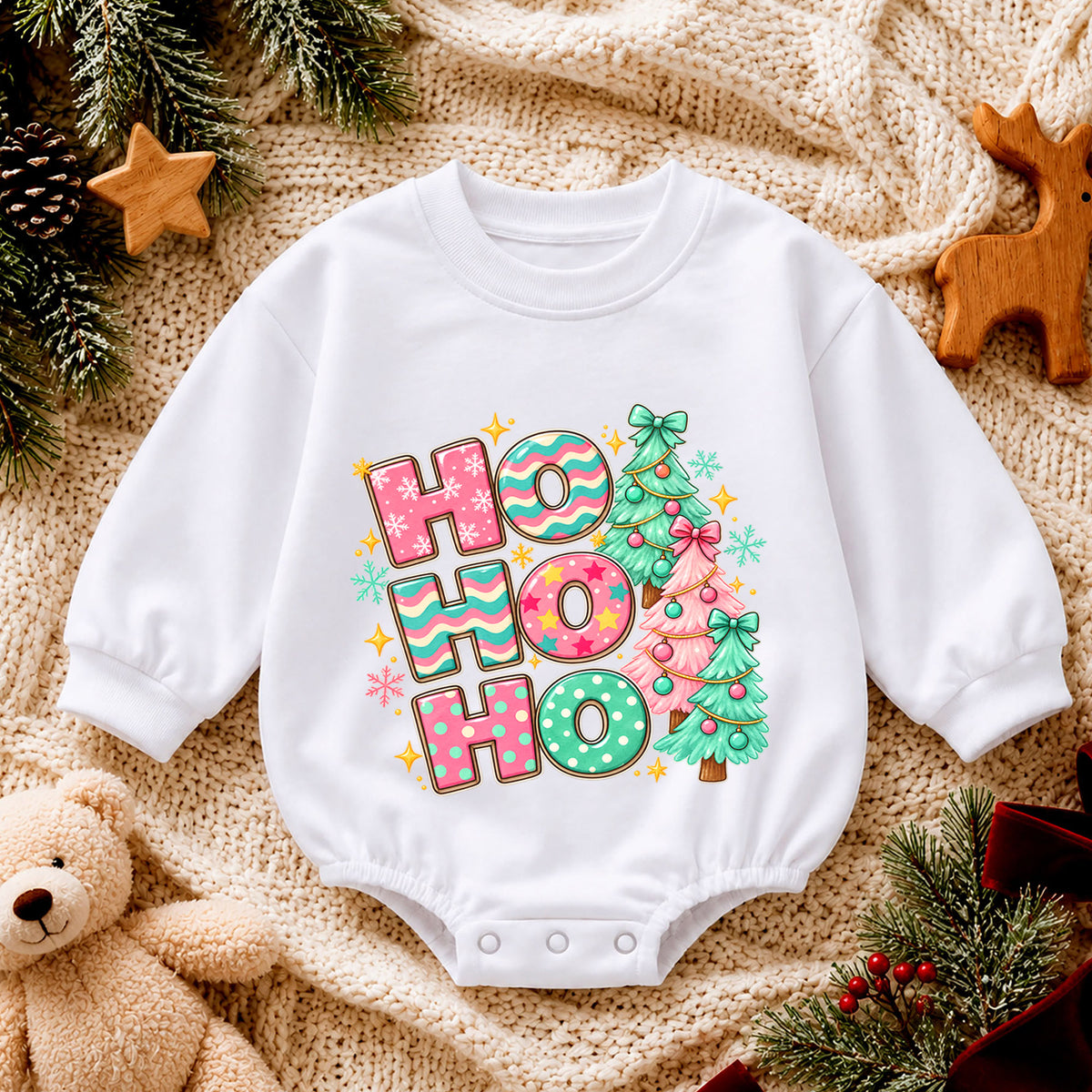 Pastel Ho Ho Ho Baby Christmas Outfit, Pink Christmas Tree Romper, Baby First Christmas Romper, Toddler Girl Holiday Outfit, Xmas Gift — product view 4