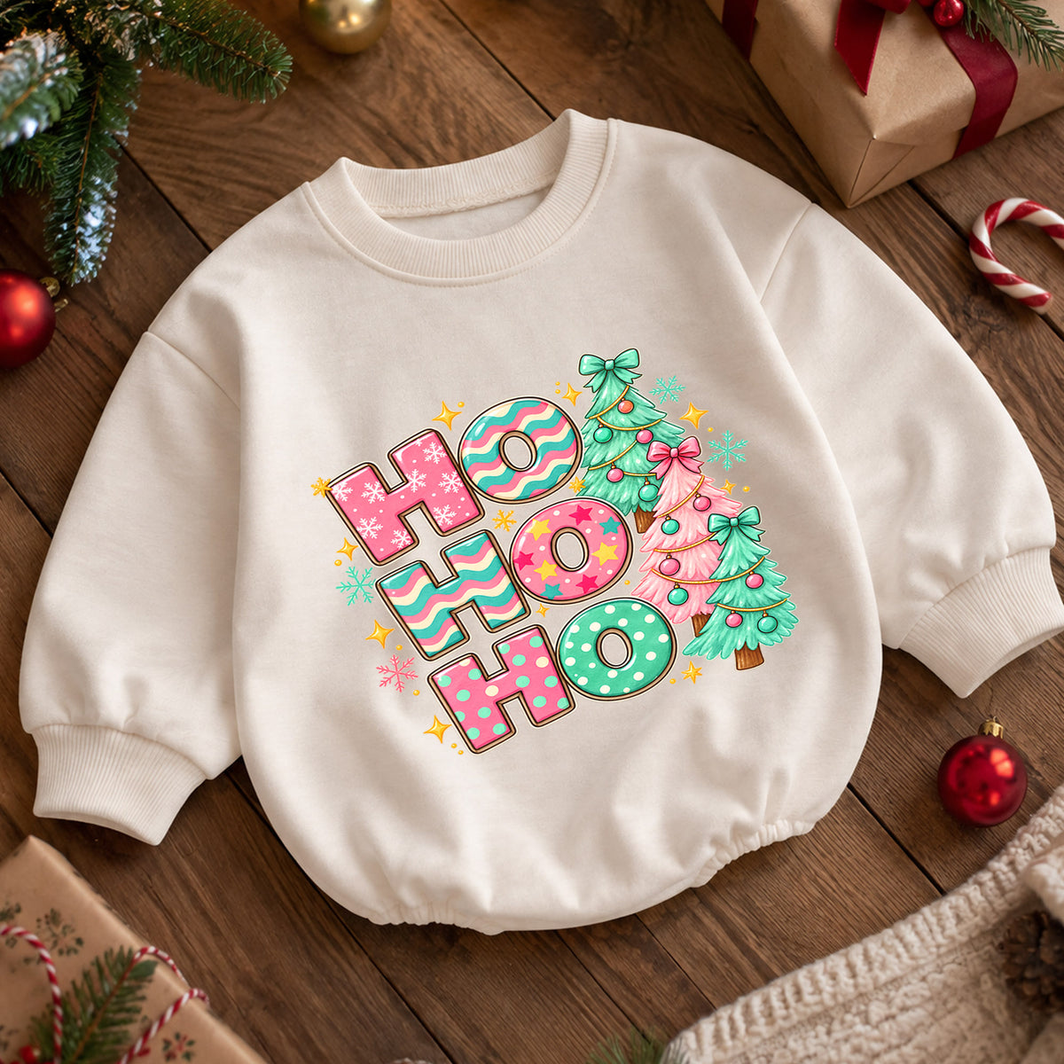 Pastel Ho Ho Ho Baby Christmas Outfit, Pink Christmas Tree Romper, Baby First Christmas Romper, Toddler Girl Holiday Outfit, Xmas Gift — product view 5