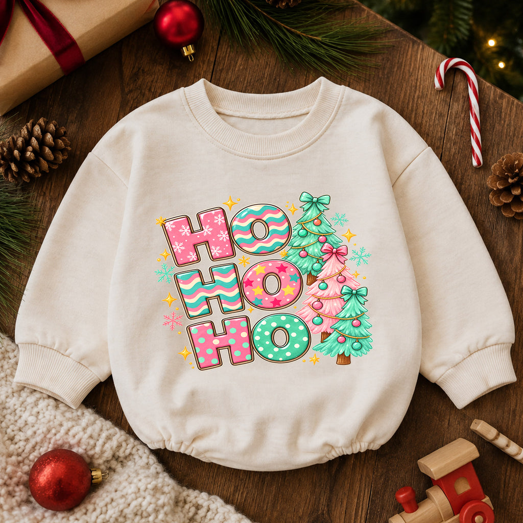 Pastel Ho Ho Ho Baby Christmas Outfit, Pink Christmas Tree Romper, Baby First Christmas Romper, Toddler Girl Holiday Outfit, Xmas Gift — product view 6