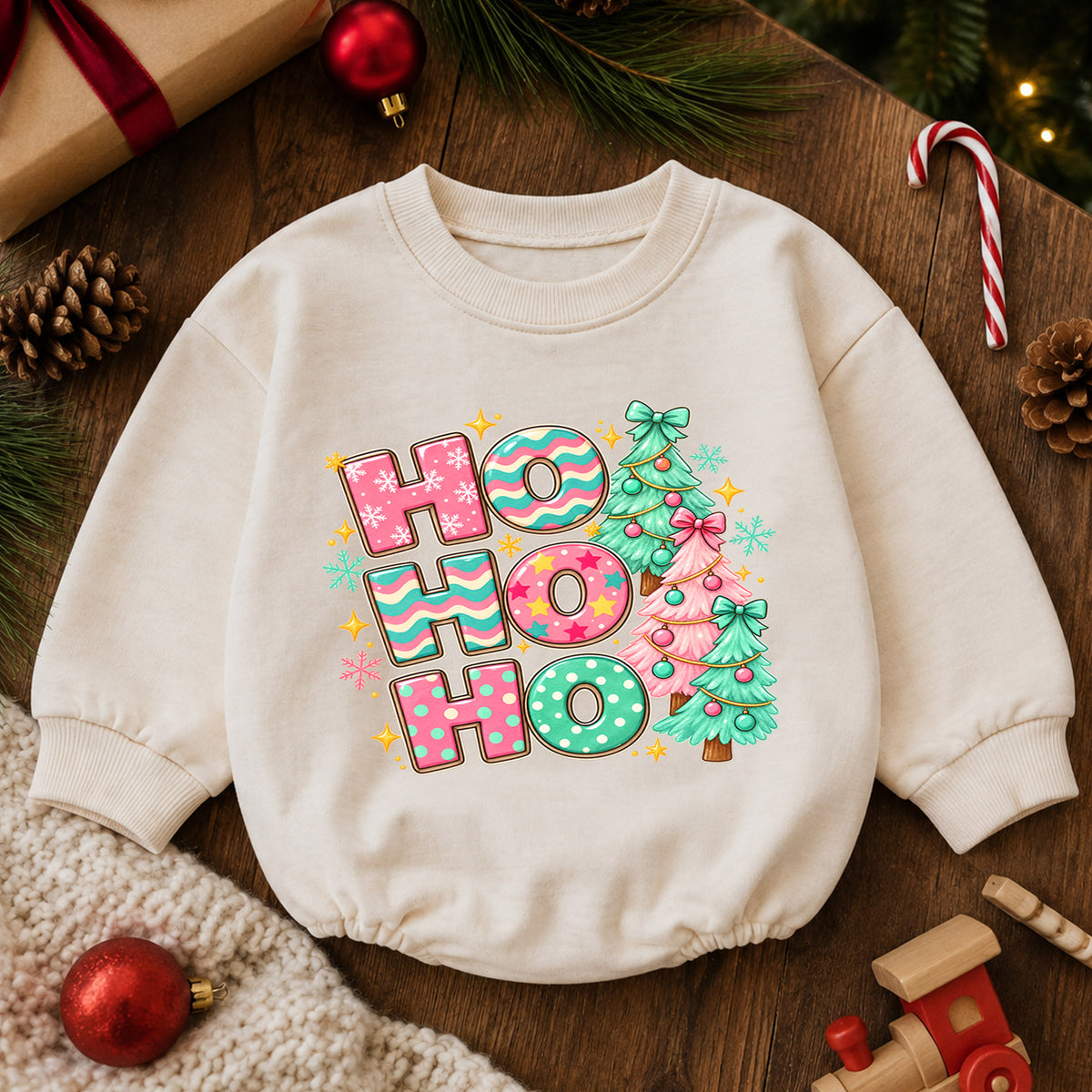 Pastel Ho Ho Ho Baby Christmas Outfit, Pink Christmas Tree Romper, Baby First Christmas Romper, Toddler Girl Holiday Outfit, Xmas Gift — product view 6