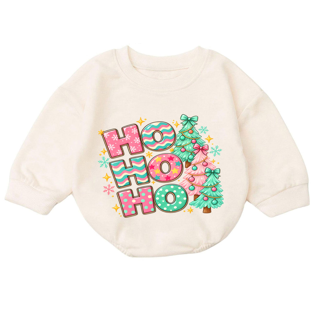 Pastel Ho Ho Ho Baby Christmas Outfit, Pink Christmas Tree Romper, Baby First Christmas Romper, Toddler Girl Holiday Outfit, Xmas Gift — product view 7