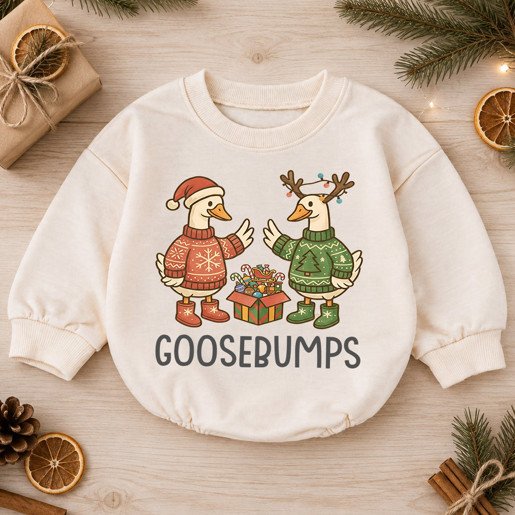 Goosebumps Christmas Baby Romper, Funny Holiday Goose Outfit, Christmas Sweater Geese Toddler Romper, Cute 1st Christmas Gift — product view 1