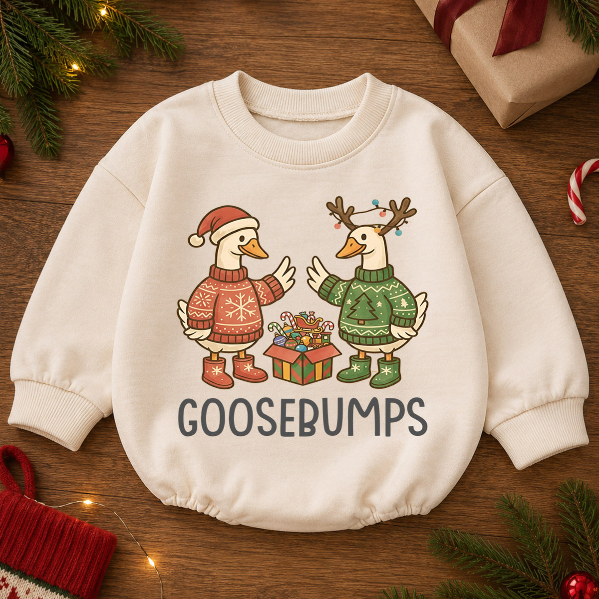 Goosebumps Christmas Baby Romper, Funny Holiday Goose Outfit, Christmas Sweater Geese Toddler Romper, Cute 1st Christmas Gift — product view 2