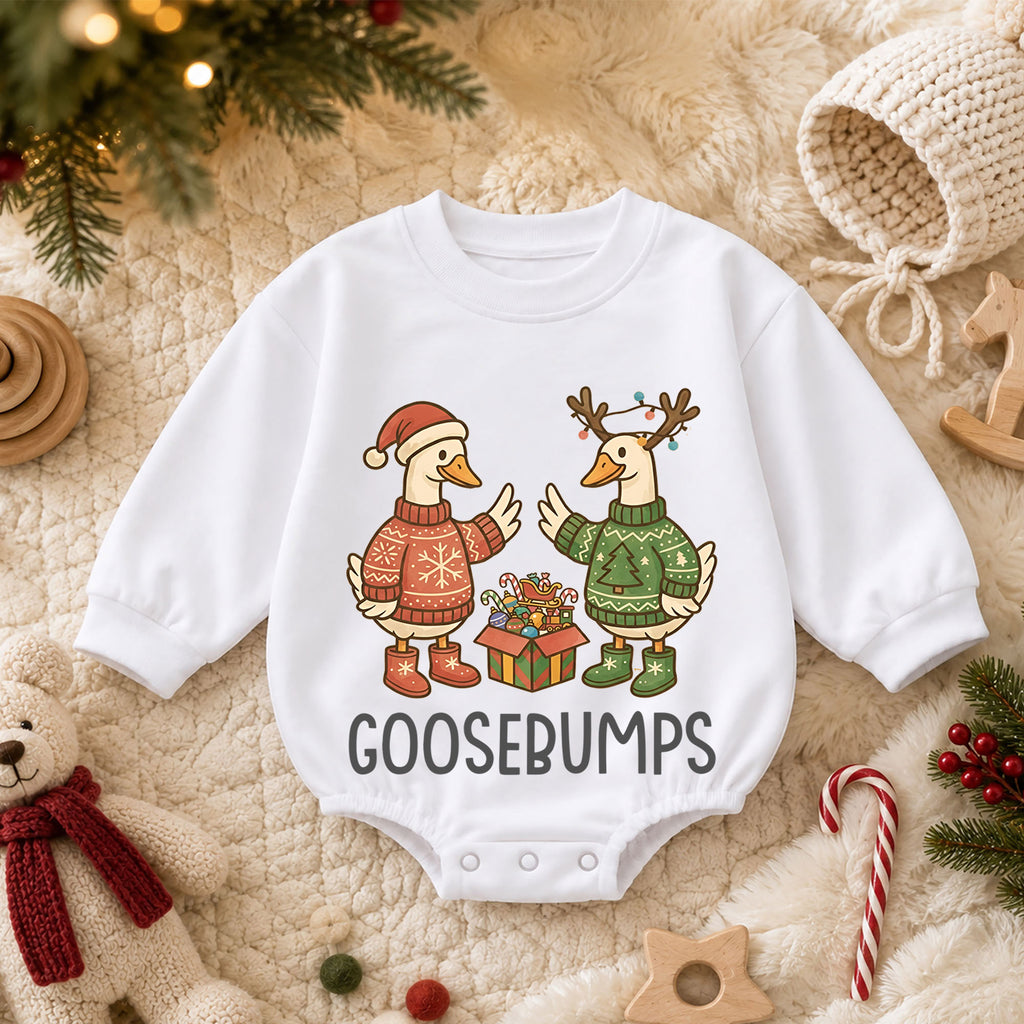 Goosebumps Christmas Baby Romper, Funny Holiday Goose Outfit, Christmas Sweater Geese Toddler Romper, Cute 1st Christmas Gift — product view 3