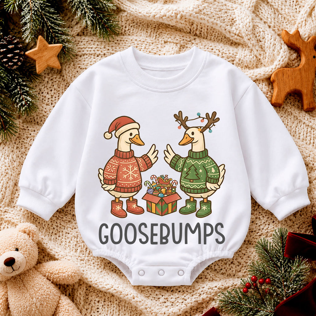 Goosebumps Christmas Baby Romper, Funny Holiday Goose Outfit, Christmas Sweater Geese Toddler Romper, Cute 1st Christmas Gift — product view 4