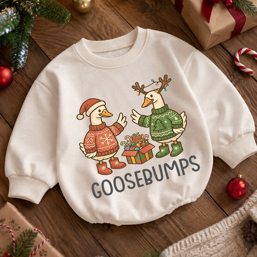 Goosebumps Christmas Baby Romper, Funny Holiday Goose Outfit, Christmas Sweater Geese Toddler Romper, Cute 1st Christmas Gift — product view 5