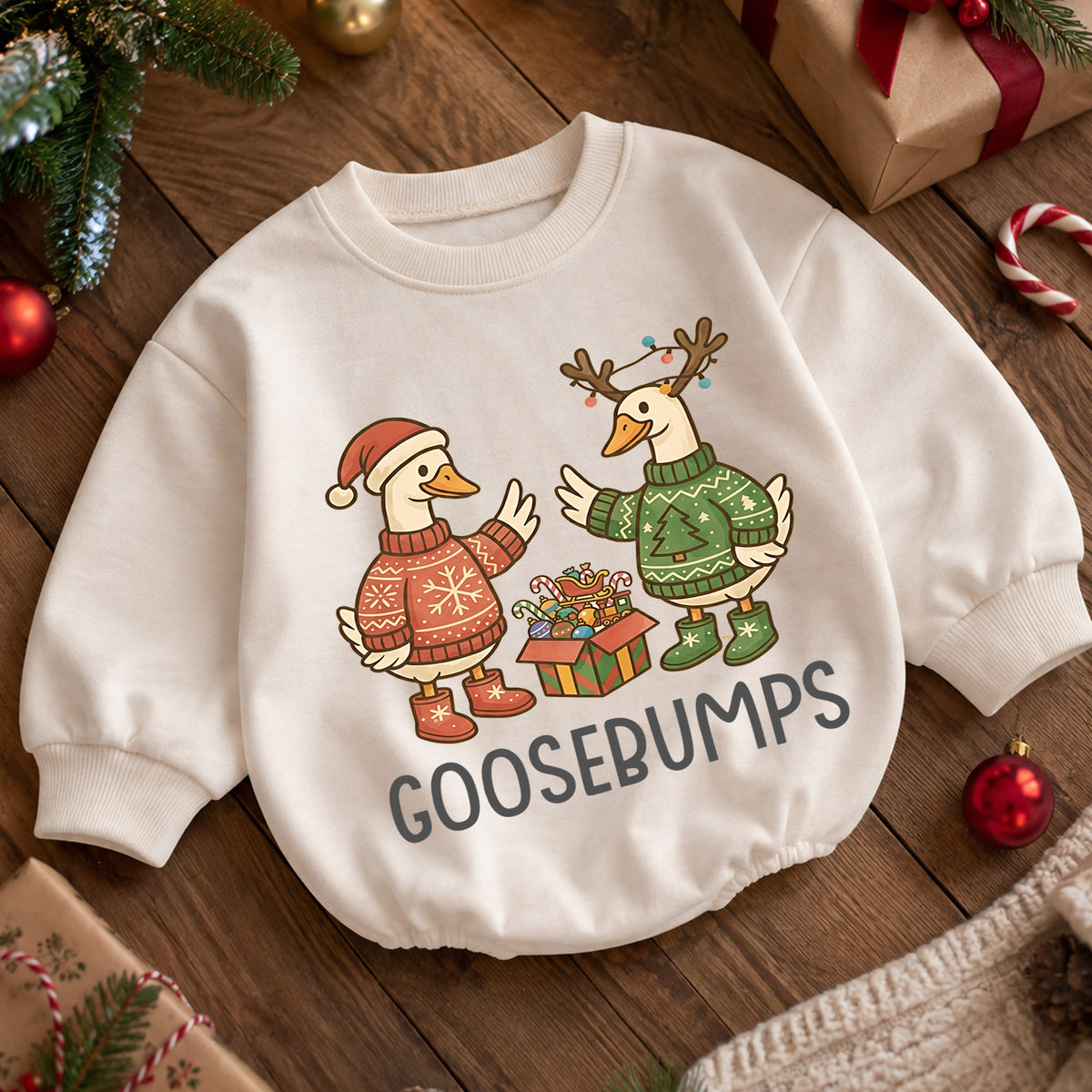 Goosebumps Christmas Baby Romper, Funny Holiday Goose Outfit, Christmas Sweater Geese Toddler Romper, Cute 1st Christmas Gift — product view 5
