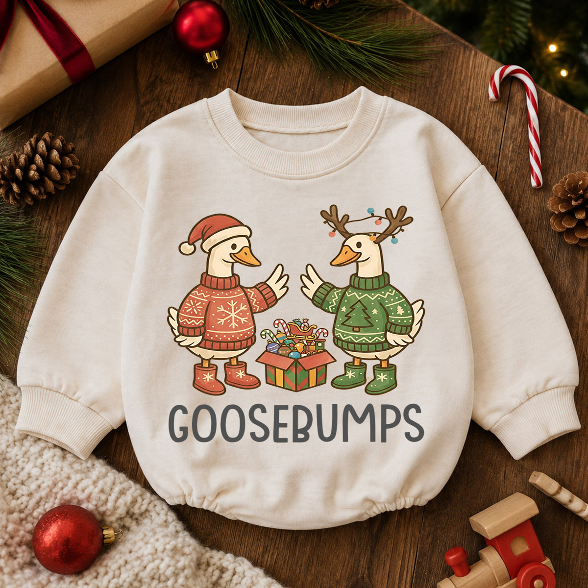 Goosebumps Christmas Baby Romper, Funny Holiday Goose Outfit, Christmas Sweater Geese Toddler Romper, Cute 1st Christmas Gift — product view 6