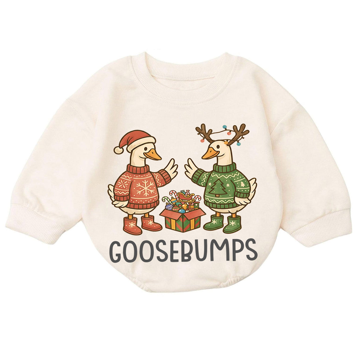 Goosebumps Christmas Baby Romper, Funny Holiday Goose Outfit, Christmas Sweater Geese Toddler Romper, Cute 1st Christmas Gift — product view 7