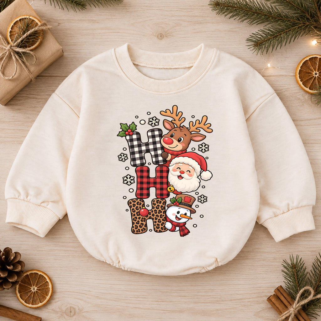Ho Ho Ho Christmas Baby Outfit, Santa Reindeer Snowman Romper, Baby First Christmas Romper, Toddler Holiday Outfit, Xmas Baby Gift — product view 1