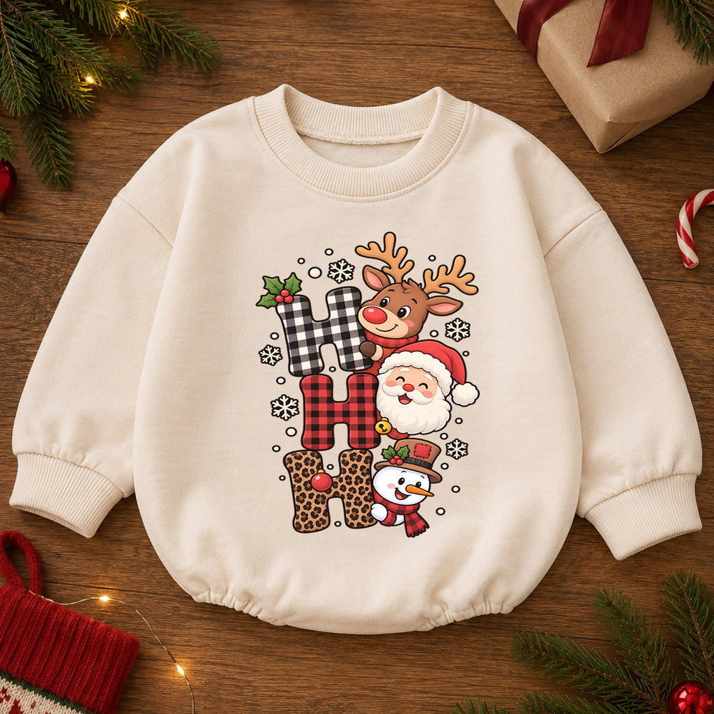 Ho Ho Ho Christmas Baby Outfit, Santa Reindeer Snowman Romper, Baby First Christmas Romper, Toddler Holiday Outfit, Xmas Baby Gift — product view 2