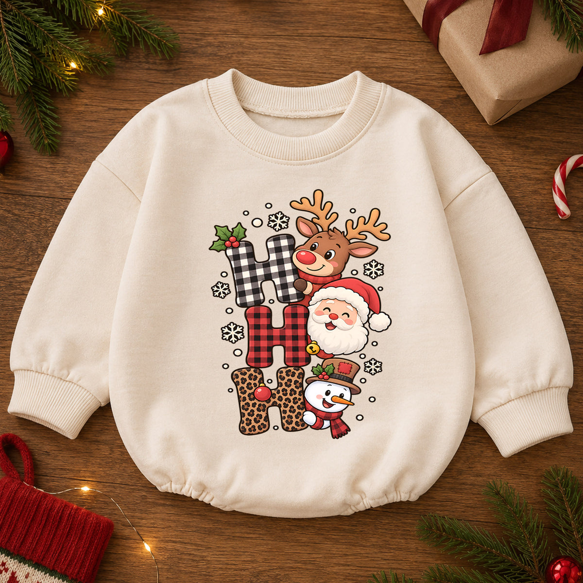 Ho Ho Ho Christmas Baby Outfit, Santa Reindeer Snowman Romper, Baby First Christmas Romper, Toddler Holiday Outfit, Xmas Baby Gift — product view 2