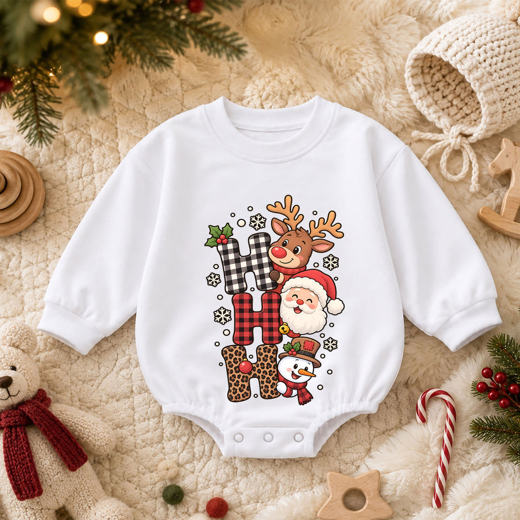 Ho Ho Ho Christmas Baby Outfit, Santa Reindeer Snowman Romper, Baby First Christmas Romper, Toddler Holiday Outfit, Xmas Baby Gift — product view 3