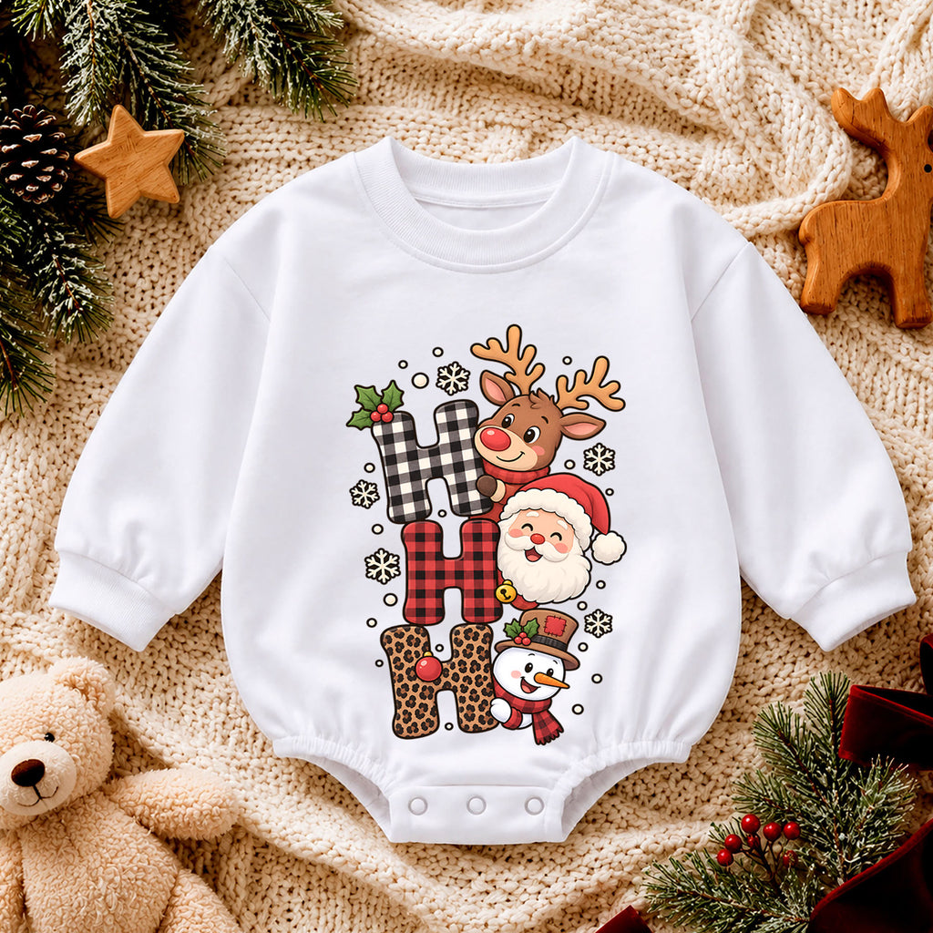 Ho Ho Ho Christmas Baby Outfit, Santa Reindeer Snowman Romper, Baby First Christmas Romper, Toddler Holiday Outfit, Xmas Baby Gift — product view 4