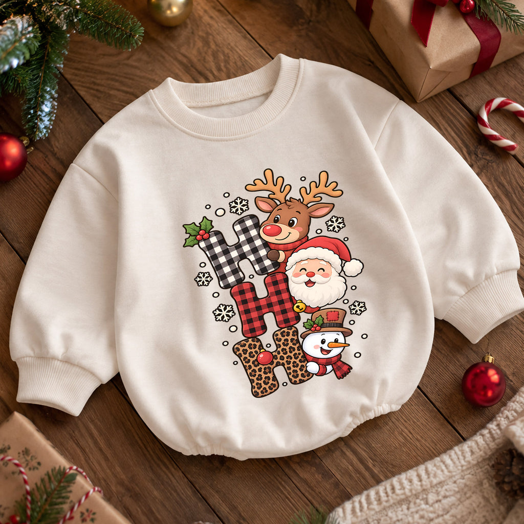 Ho Ho Ho Christmas Baby Outfit, Santa Reindeer Snowman Romper, Baby First Christmas Romper, Toddler Holiday Outfit, Xmas Baby Gift — product view 5