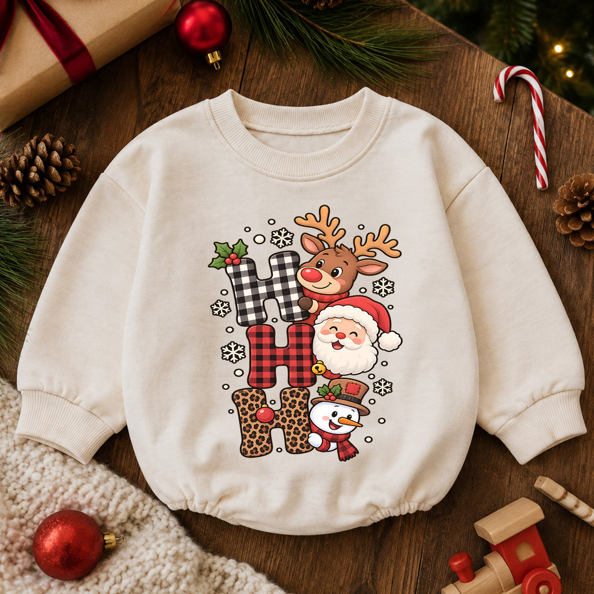 Ho Ho Ho Christmas Baby Outfit, Santa Reindeer Snowman Romper, Baby First Christmas Romper, Toddler Holiday Outfit, Xmas Baby Gift — product view 6