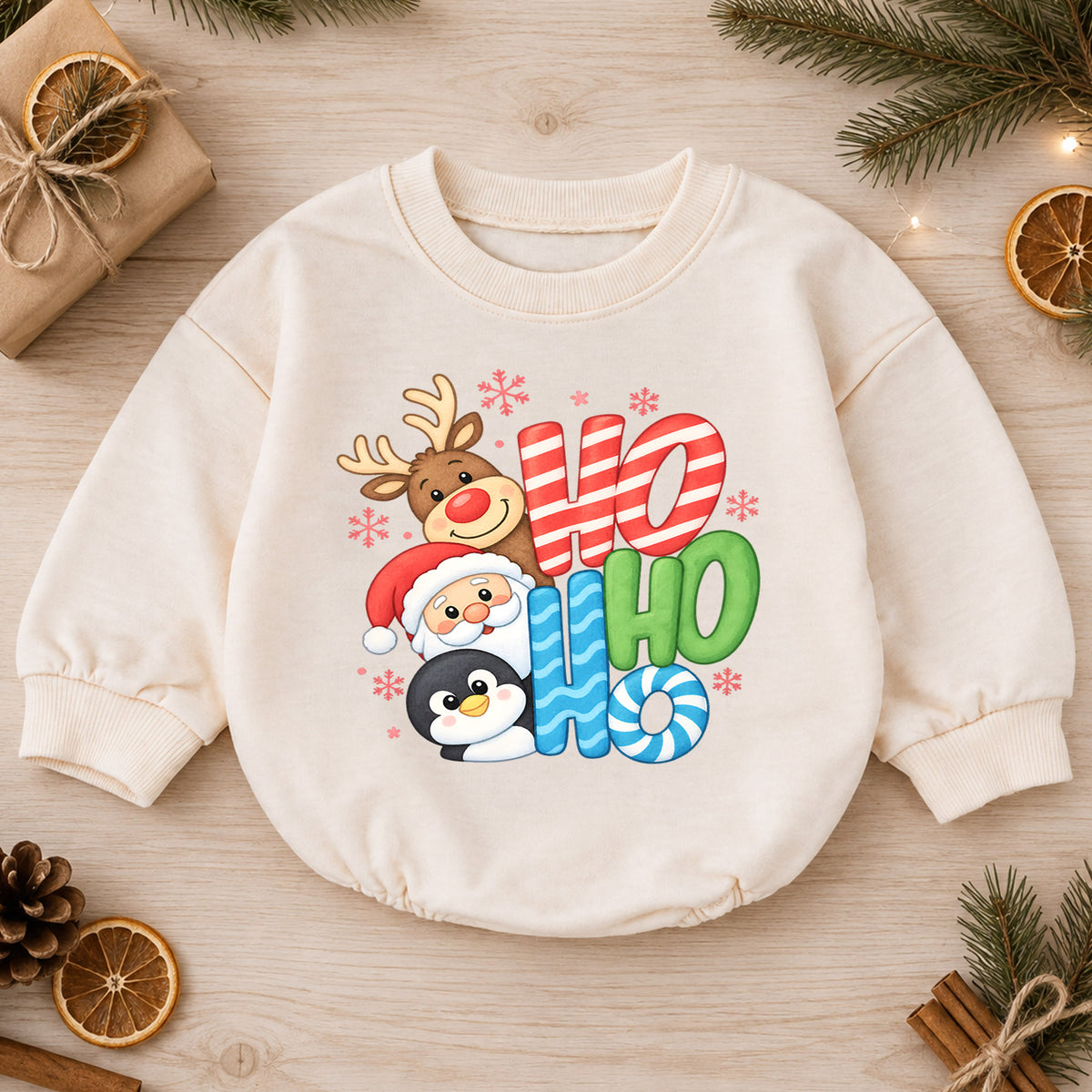 Ho Ho Ho Christmas Baby Outfit, Santa Reindeer Penguin Romper, Baby First Christmas Romper, Toddler Holiday Outfit, Xmas Baby Gift — product view 1